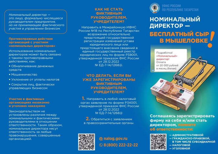 УФНС России по Республике Татарстан напоминает об опасности номинального руководства компаниями