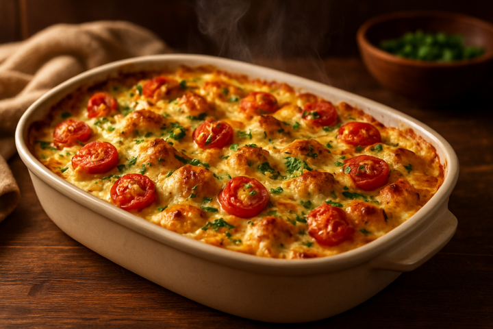 Быстрый белковый обед: запеканка с курицей, творогом и черри