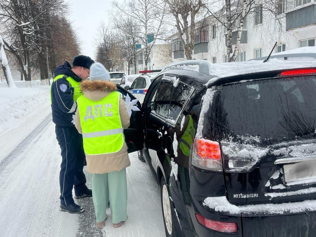 Заинский инспектор ДПС и дошколята вручили водителям снежинки безопасности